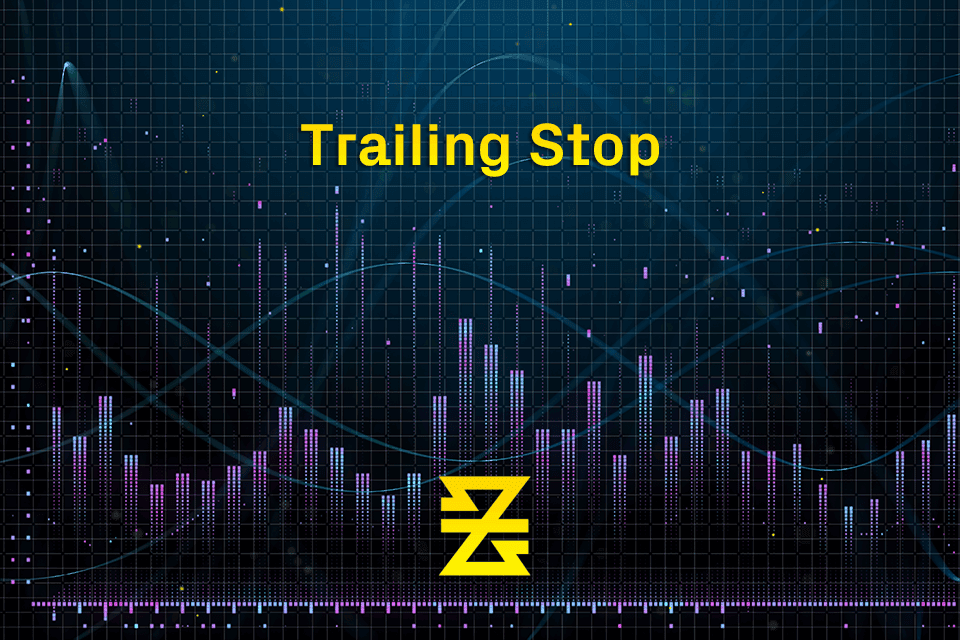 trailing stop loss order displayed over trending market and graph with baxia logo