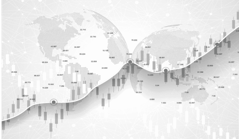 World map representing trading hours around market trends with price fluctuations
