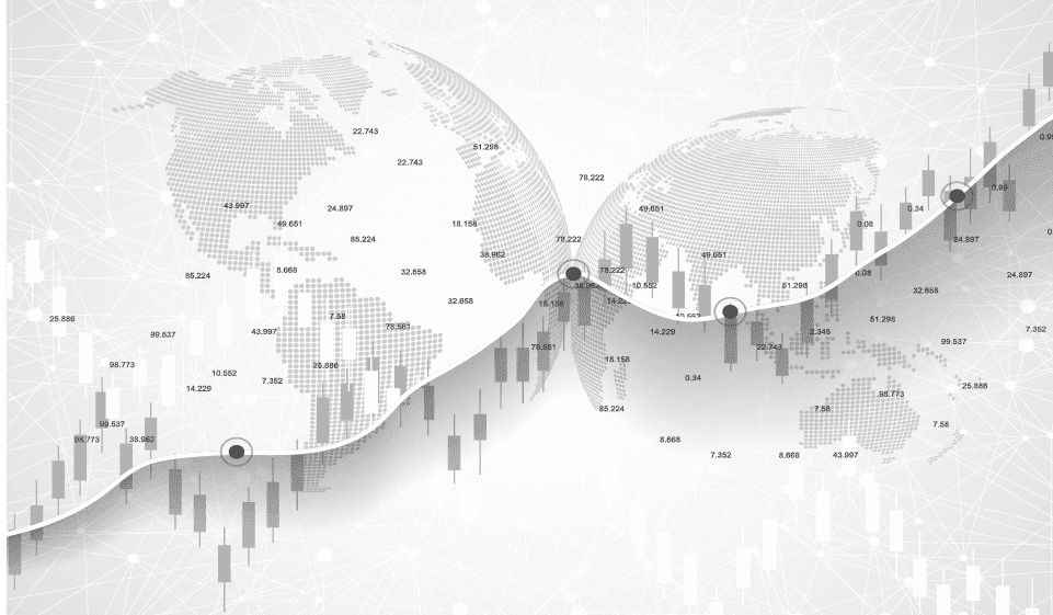 World map representing trading hours around market trends with price fluctuations