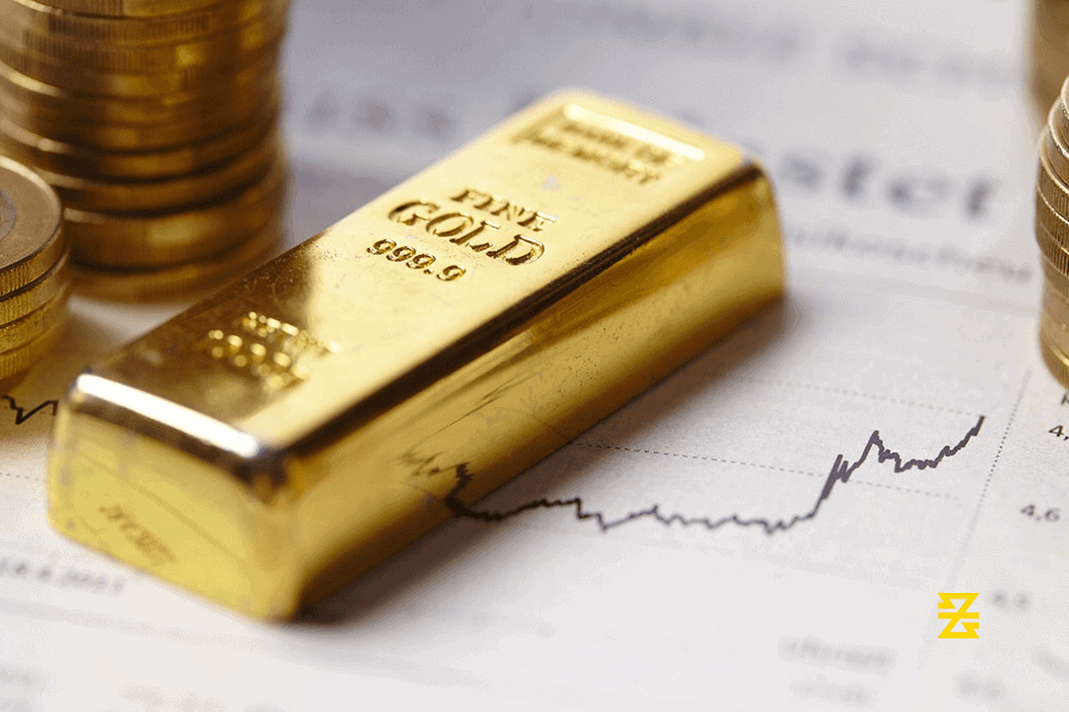 gold price is displayed with gold bar and coins with financial graph