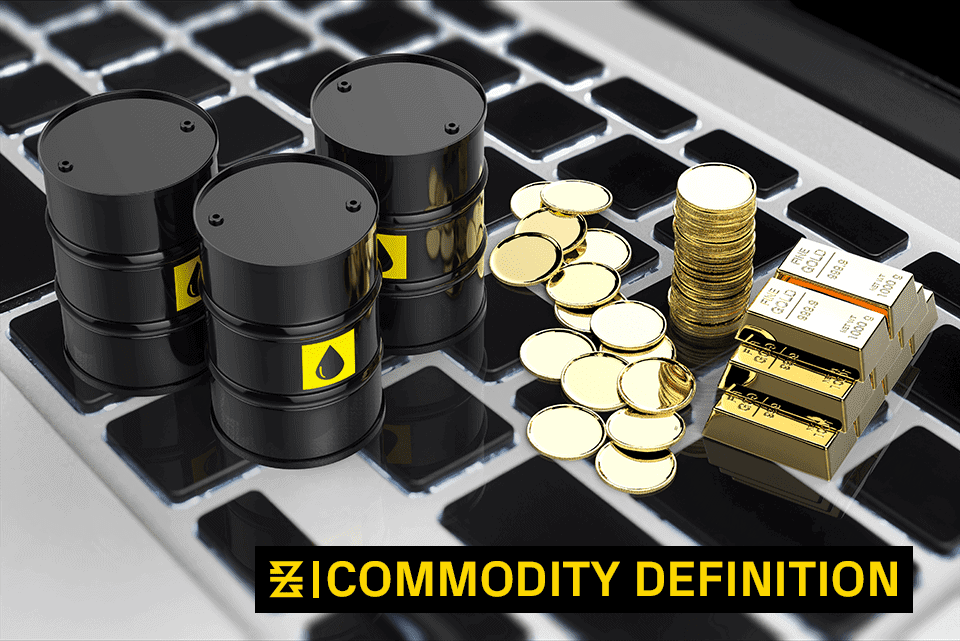 Crude oil, precious metals and fine gold assets above commodity definition with baxia markets time symbol displayed on traders keyboard.