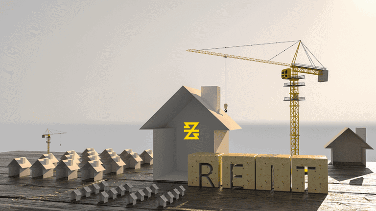REITs acronym displayed in real estate settings surrounded by crane and building with baxia markets time symbol