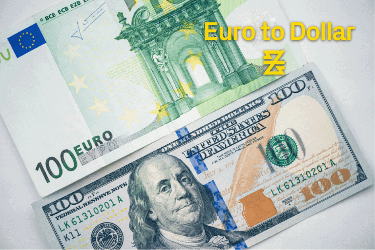 Euro to dollar text displayed over baxia markets time symbol with euro and United States dollar fiat currency bills.
